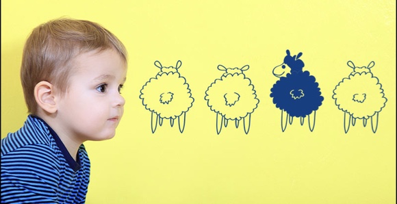 3 weisse und ein schwarzes Schaf